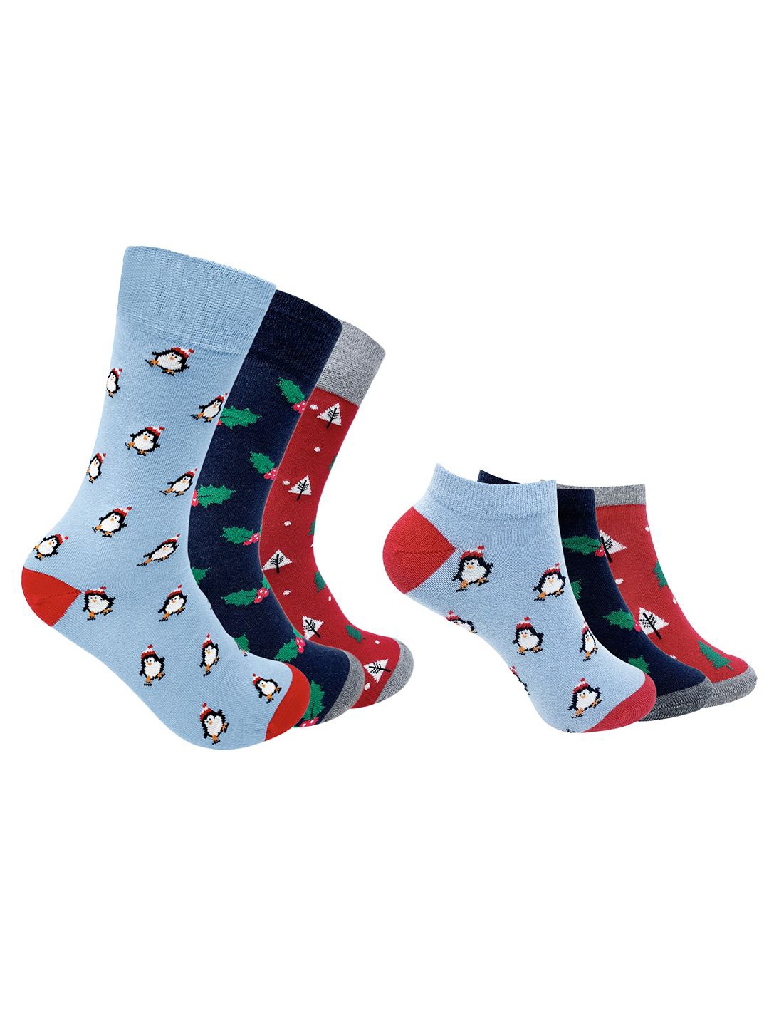 

Mint & Oak Unisex Pack Of 6 Printed Cotton Calf-Length Socks, Blue