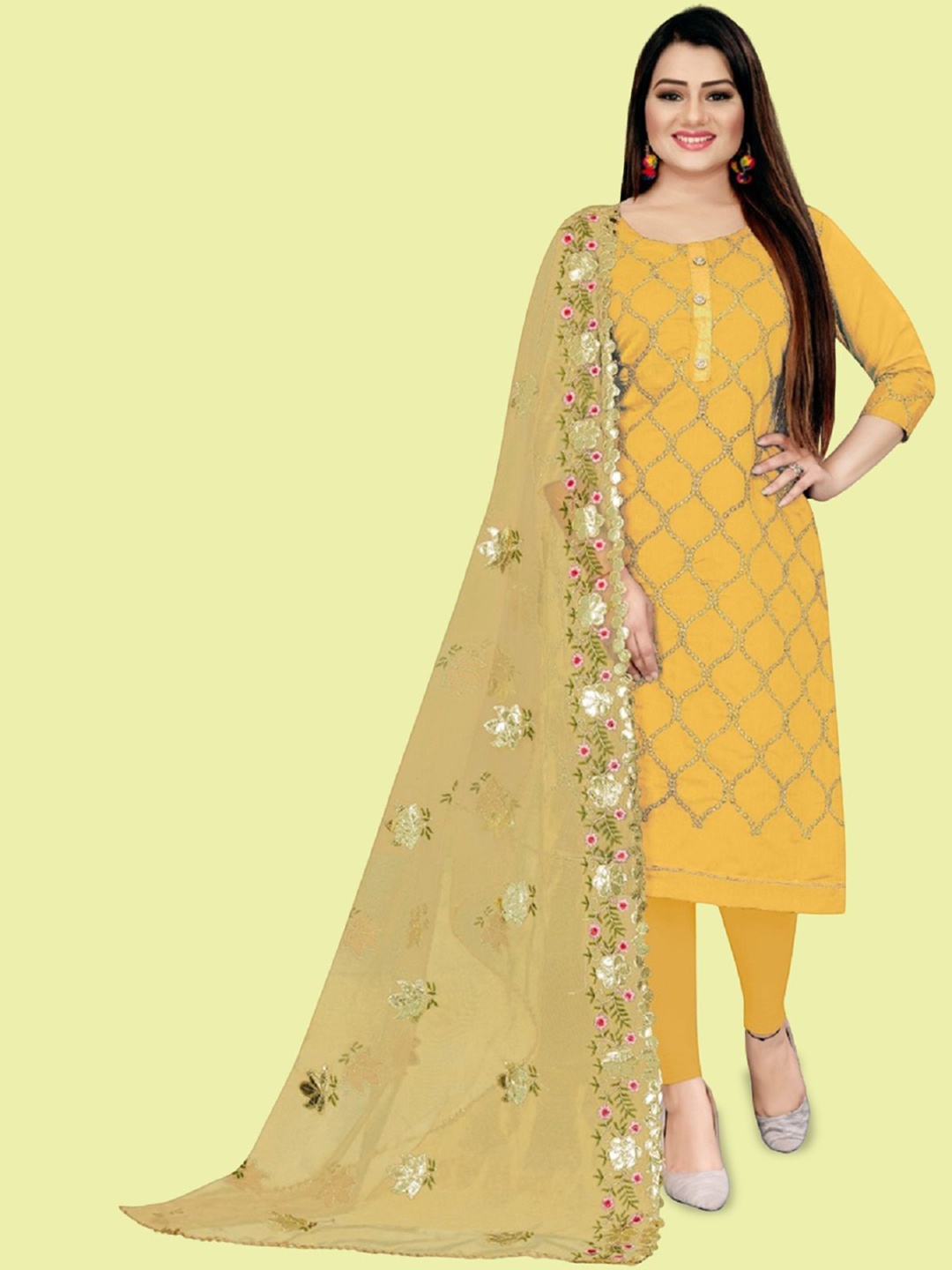 

APNISHA Geometric Embroidered Unstitched Dress Material, Yellow