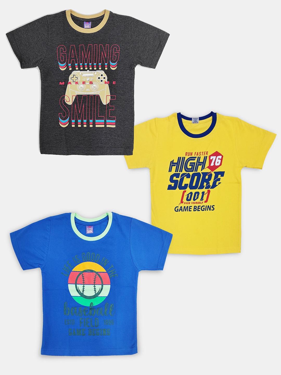 

Here&Now X Game Begins Boys Pack of 3 Assorted Typography Printed T-shirts
