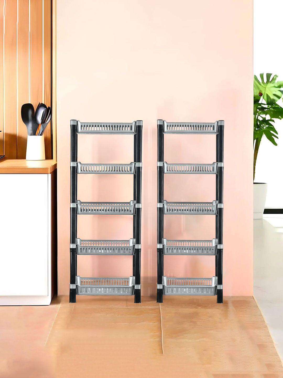 

Kuber Industries Silver Toned & Black 2 Pieces Long Lasting 5 Tier Kitchen Organisers