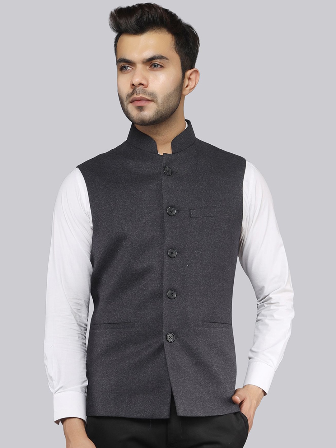 

LA'SCOOT Mandarin Collar Nehru Jacket, Grey