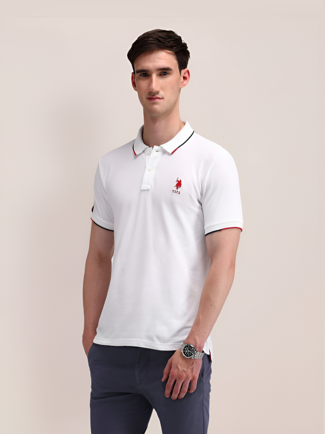 

U.S. Polo Assn. Men Solid Polo Collar Cotton Slim Fit T-Shirt, White