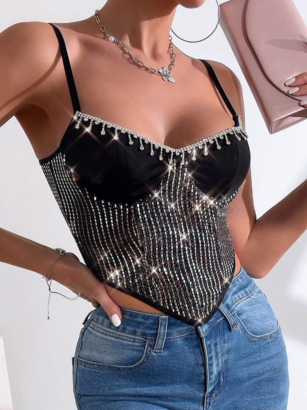 

StyleCast x Revolte Embellished Crop Top, Black