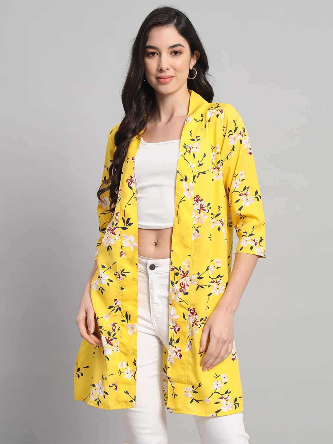 

Curvydrobe Floral Printed Longline Open Front Shrug, Yellow