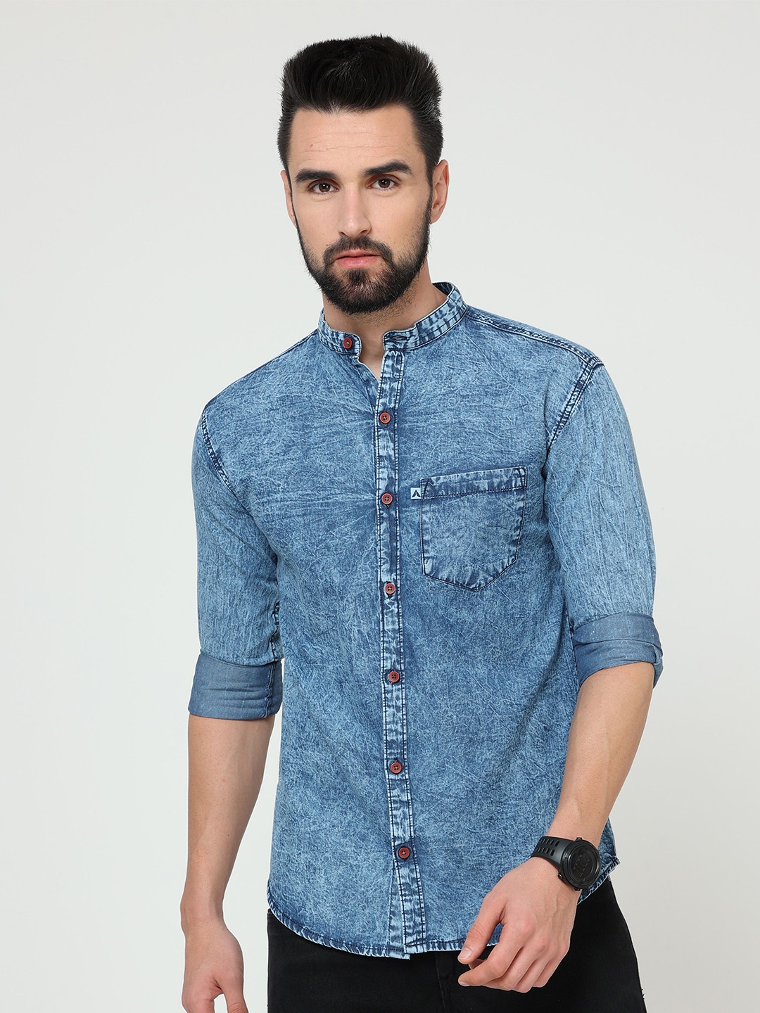 

AIDAN PAUL Men Comfort Band Collar Faded Denim Casual Shirt, Blue