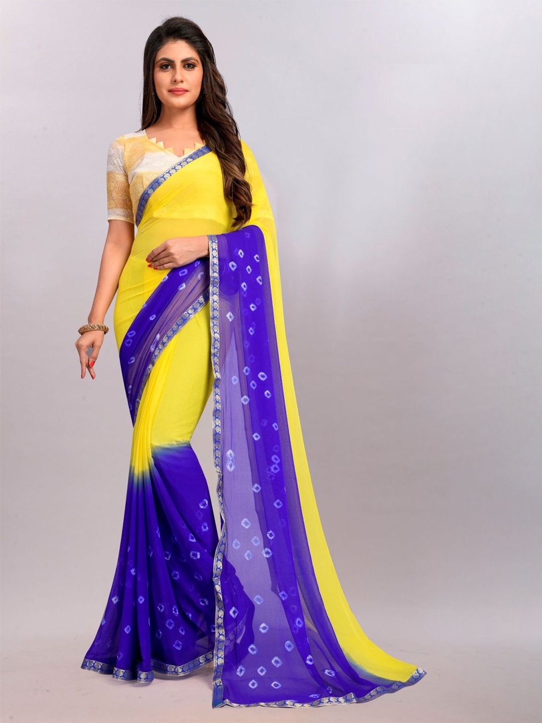 

Aika Bandhani Zari Pure Chiffon Saree, Yellow