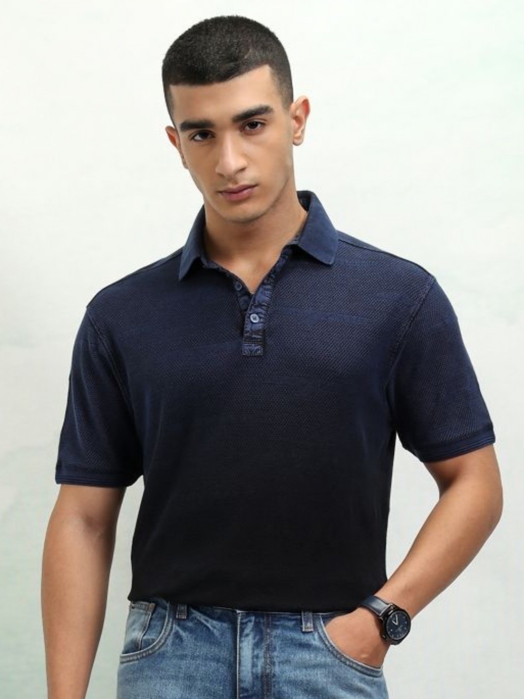 

HIGHLANDER Men Solid Polo Collar Cotton Slim Fit T-Shirt, Navy blue