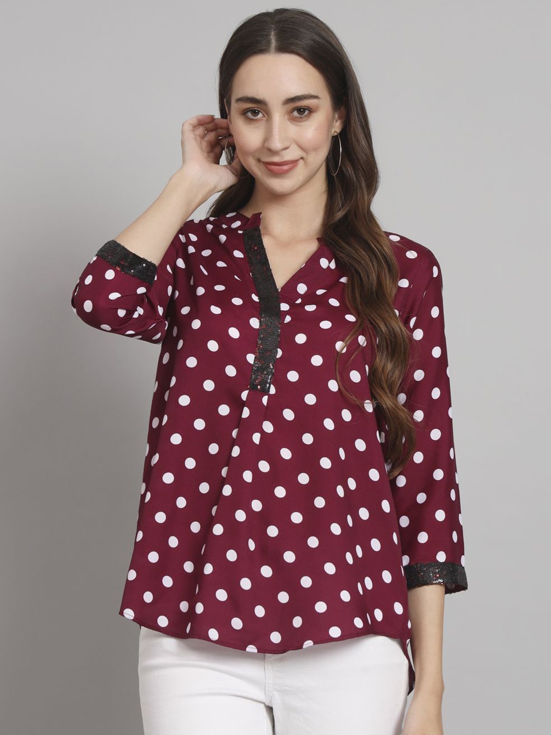 

Curvydrobe Polka Dot Print Mandarin Collar Crepe Top, Burgundy