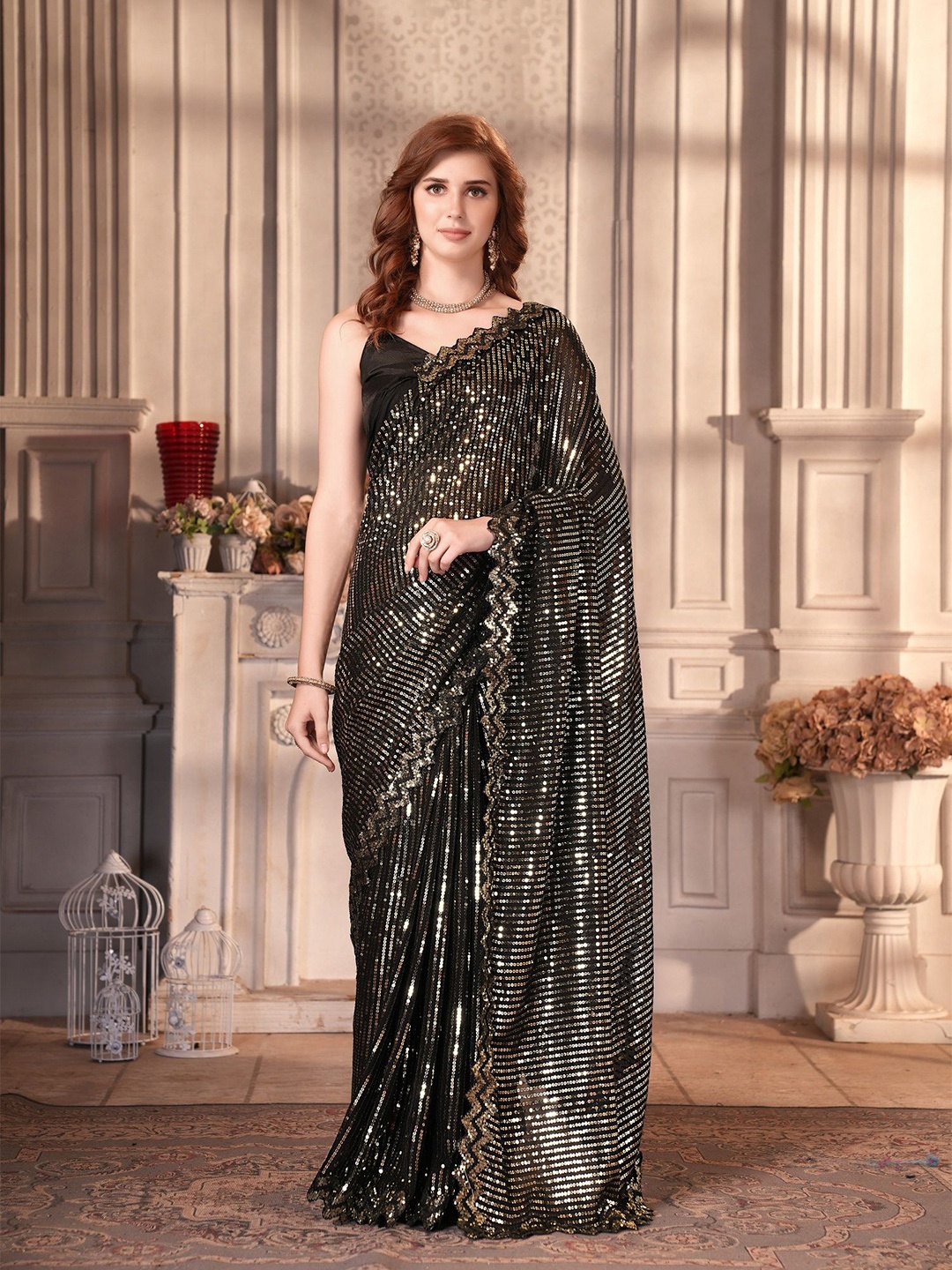 

Aika Embellished Sequinned Pure Georgette Saree, Black