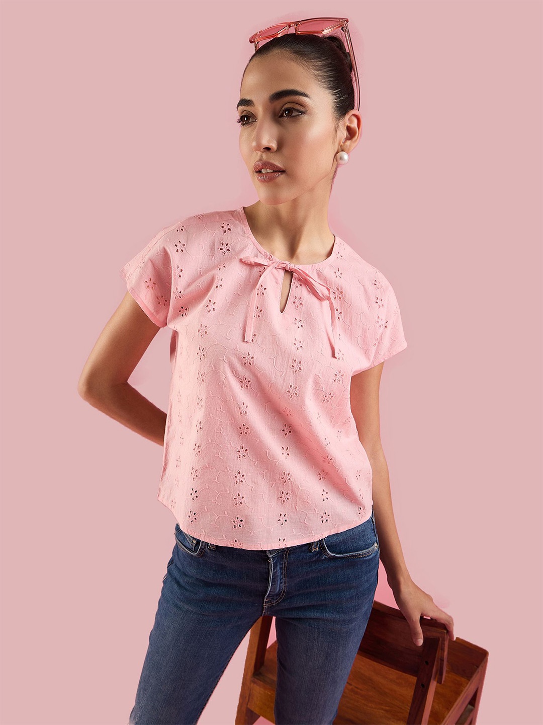 

Deewa Women Tie-Up Neck Pure Cotton Top, Pink