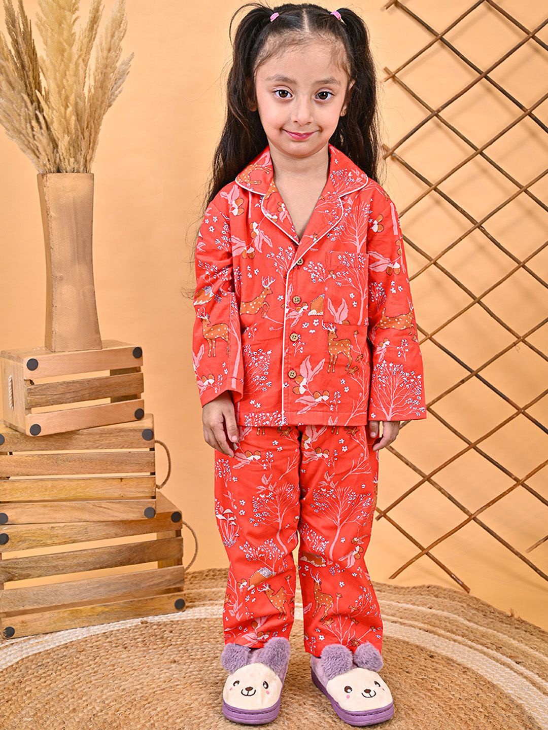 

MOOBA Girls Printed Pure Cotton Night suit, Rust