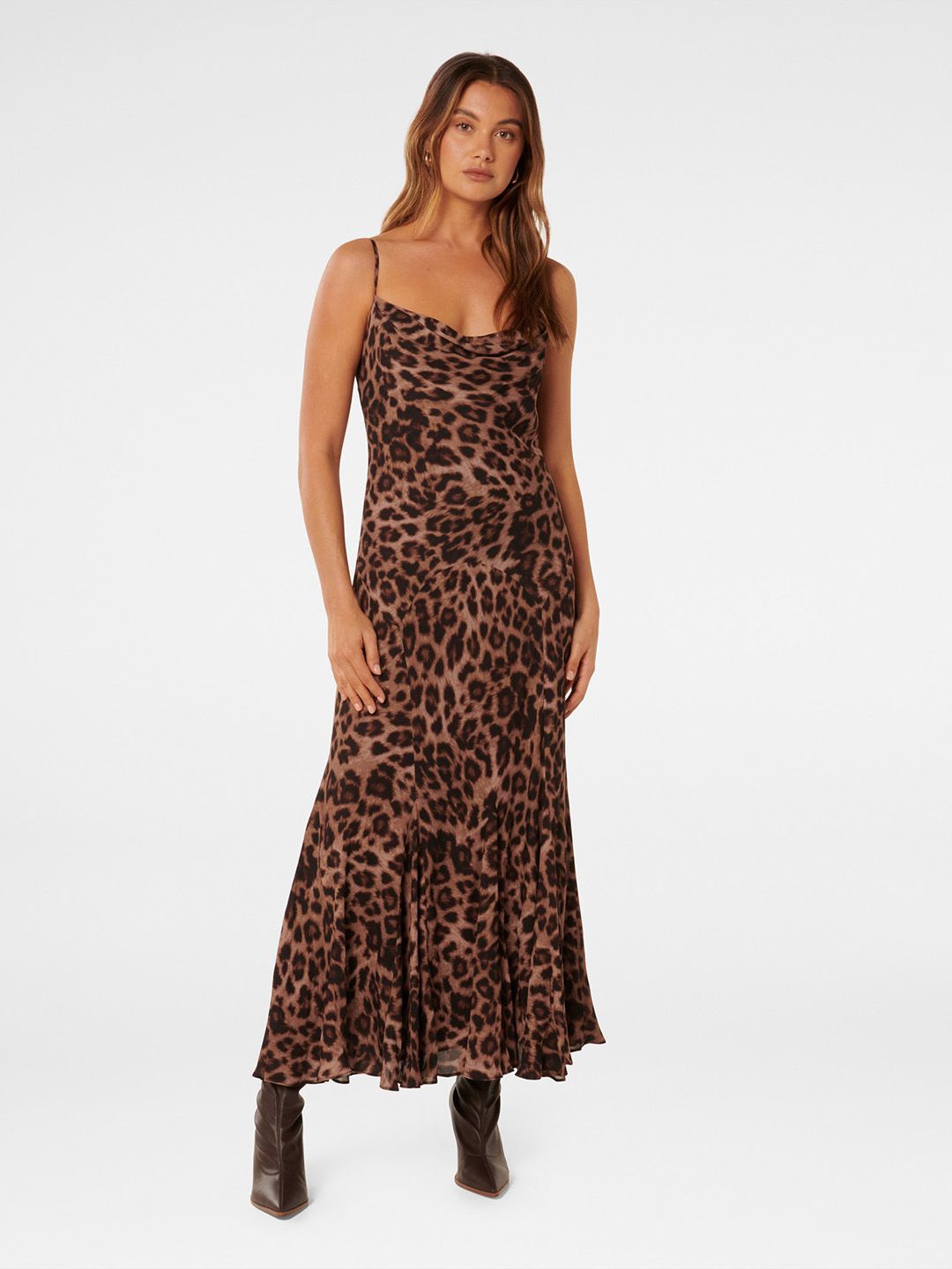 

Forever New Animal Printed Cowl Neck A-Line Maxi Dress, Black
