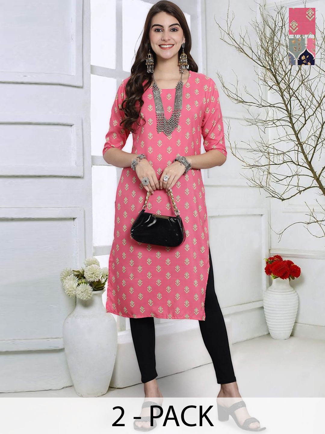 

7Threads Pack of 2 Ethnic Motifs Printed Floral Crepe Straight Kurta, Pink