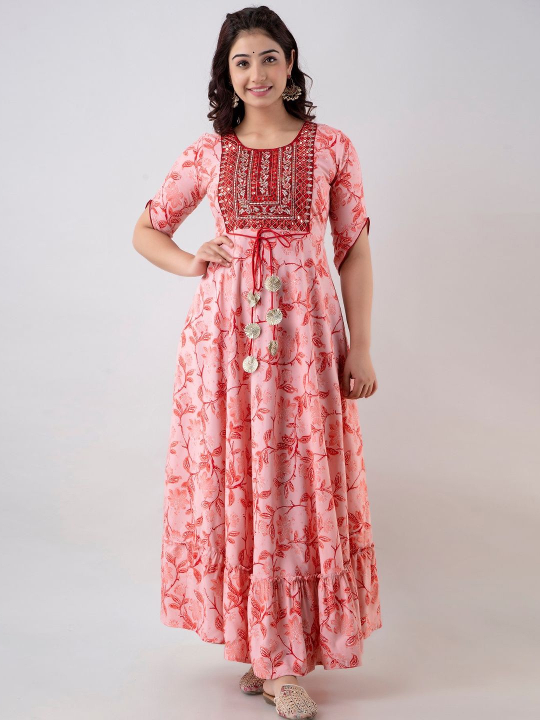 

Jaipurite Floral Embroidered Mirror Work Maxi Ethnic Dress, Pink