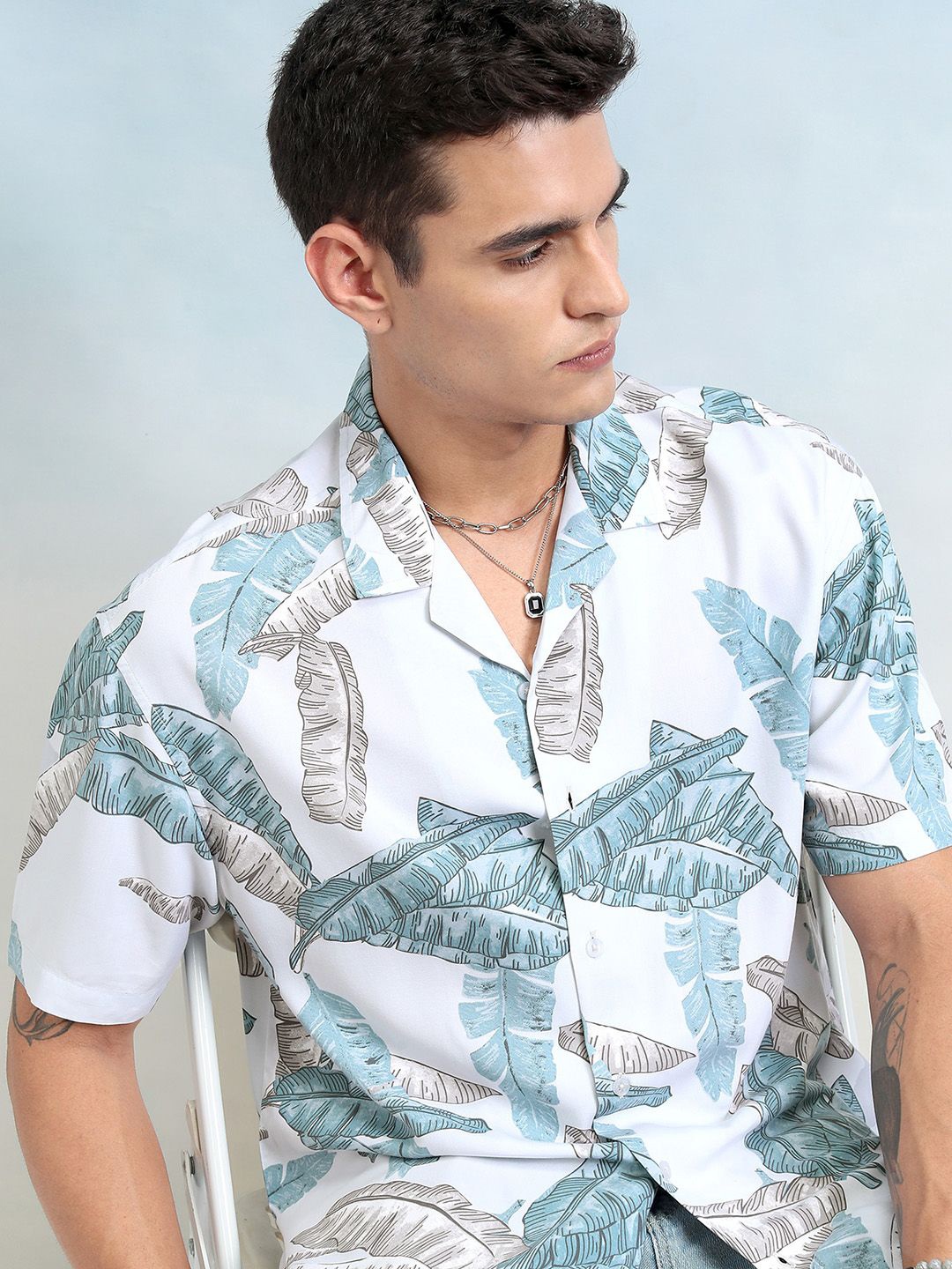 

Highlander Men Printed Cuban Collar Oversized Shirt, Blue