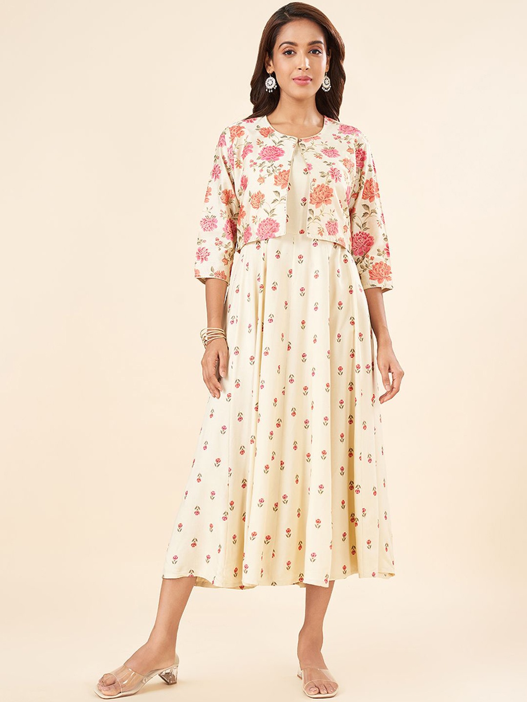 

RANGMANCH BY PANTALOONS Floral Printed Panelled A-Line Midi Dress With Jacket, White