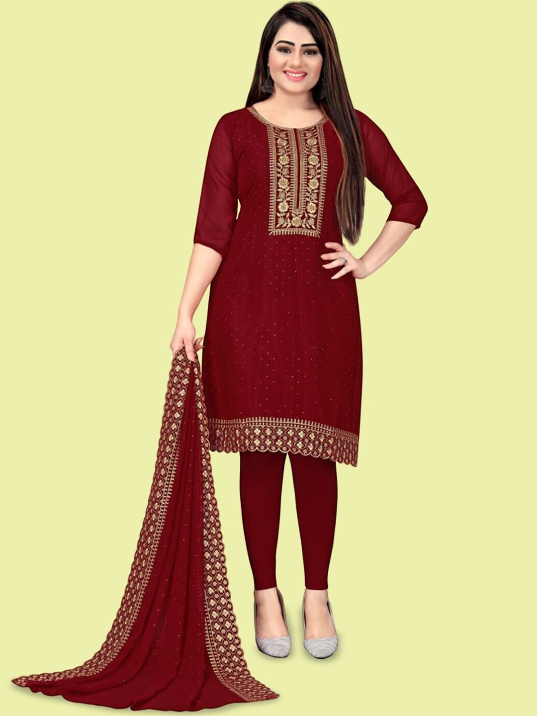 

APNISHA Floral Embroidered Beads and Stones Silk Georgette Unstitched Dress Material, Maroon