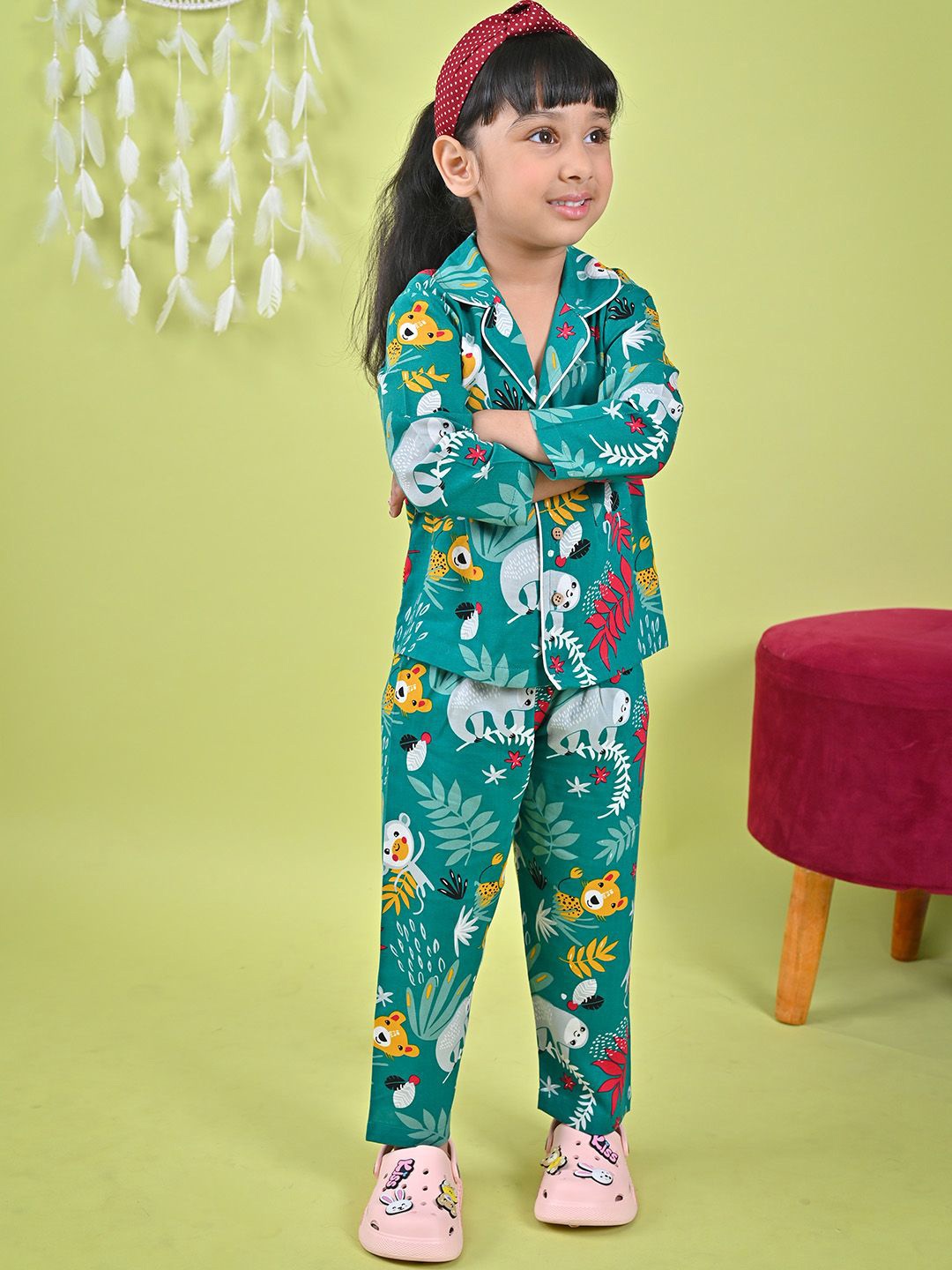 

MOOBA Girls Printed Pure Cotton Night suit, Green