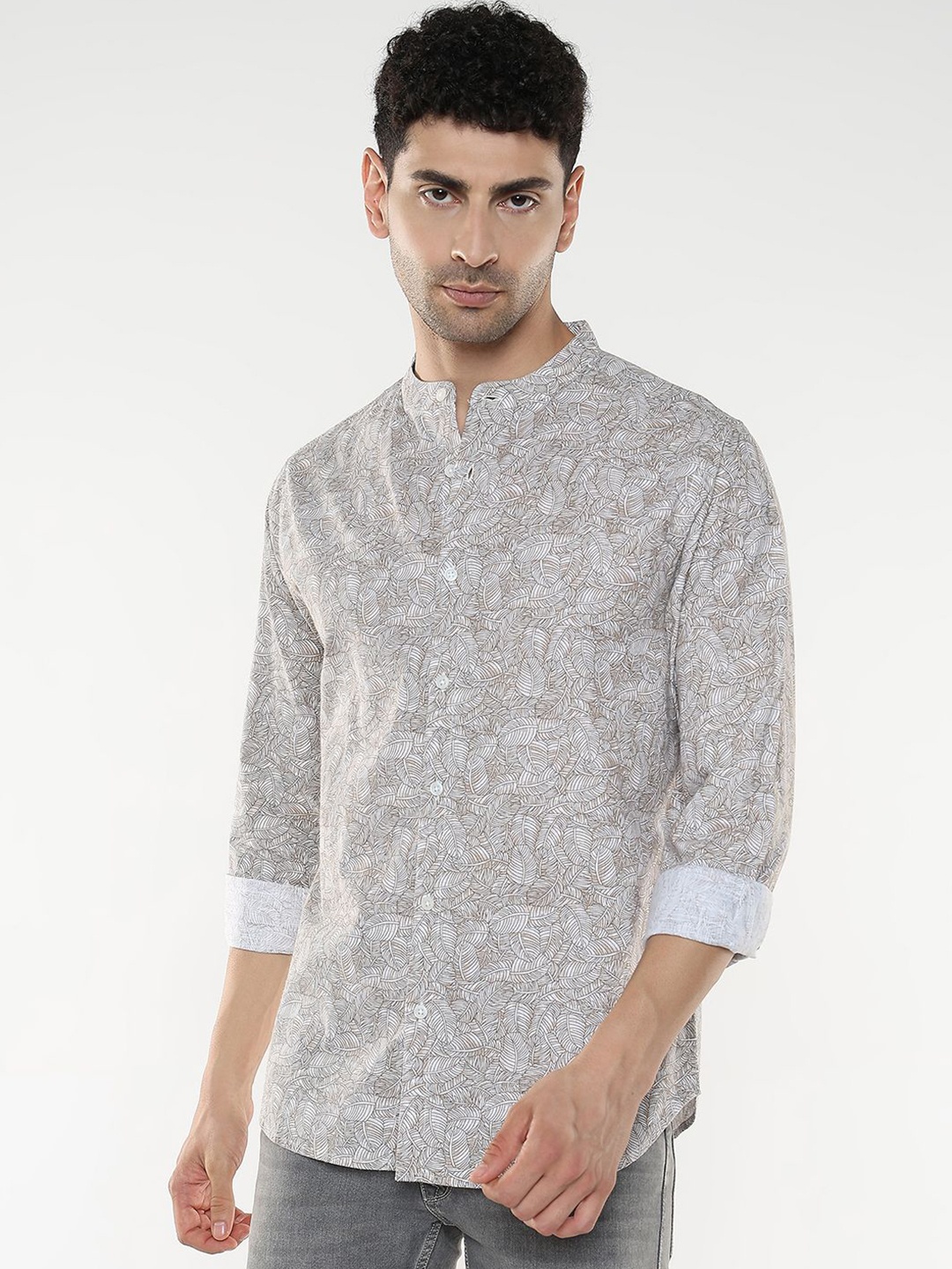

R&B Men Band Collar Floral Printed Cotton Casual Shirt, White
