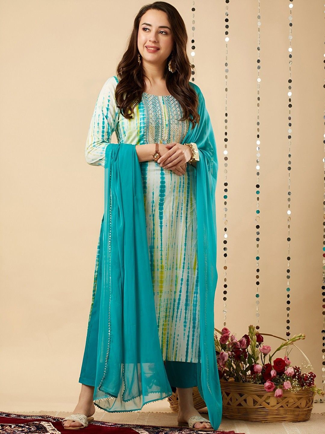 

Parth Fab Abstract Printed Sequinned Straight Kurta With Trouser & Dupatta, Green