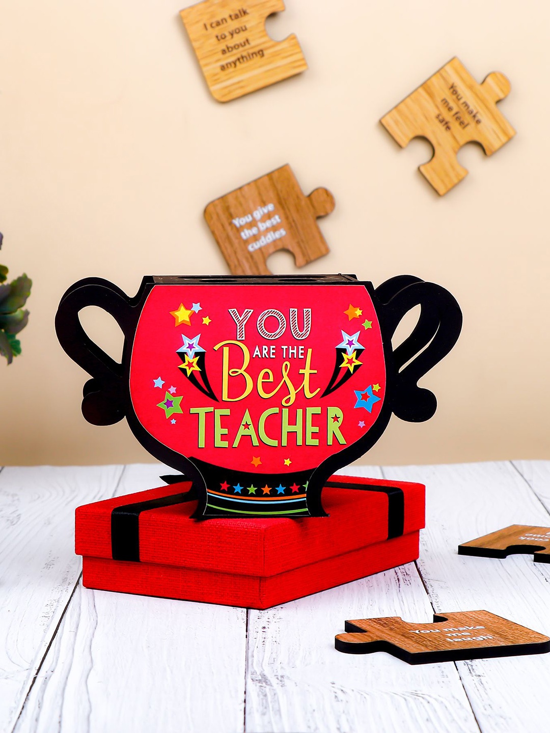 

Archies Best Teacher Printed Penstand with Beautiful Greeting Card, Red