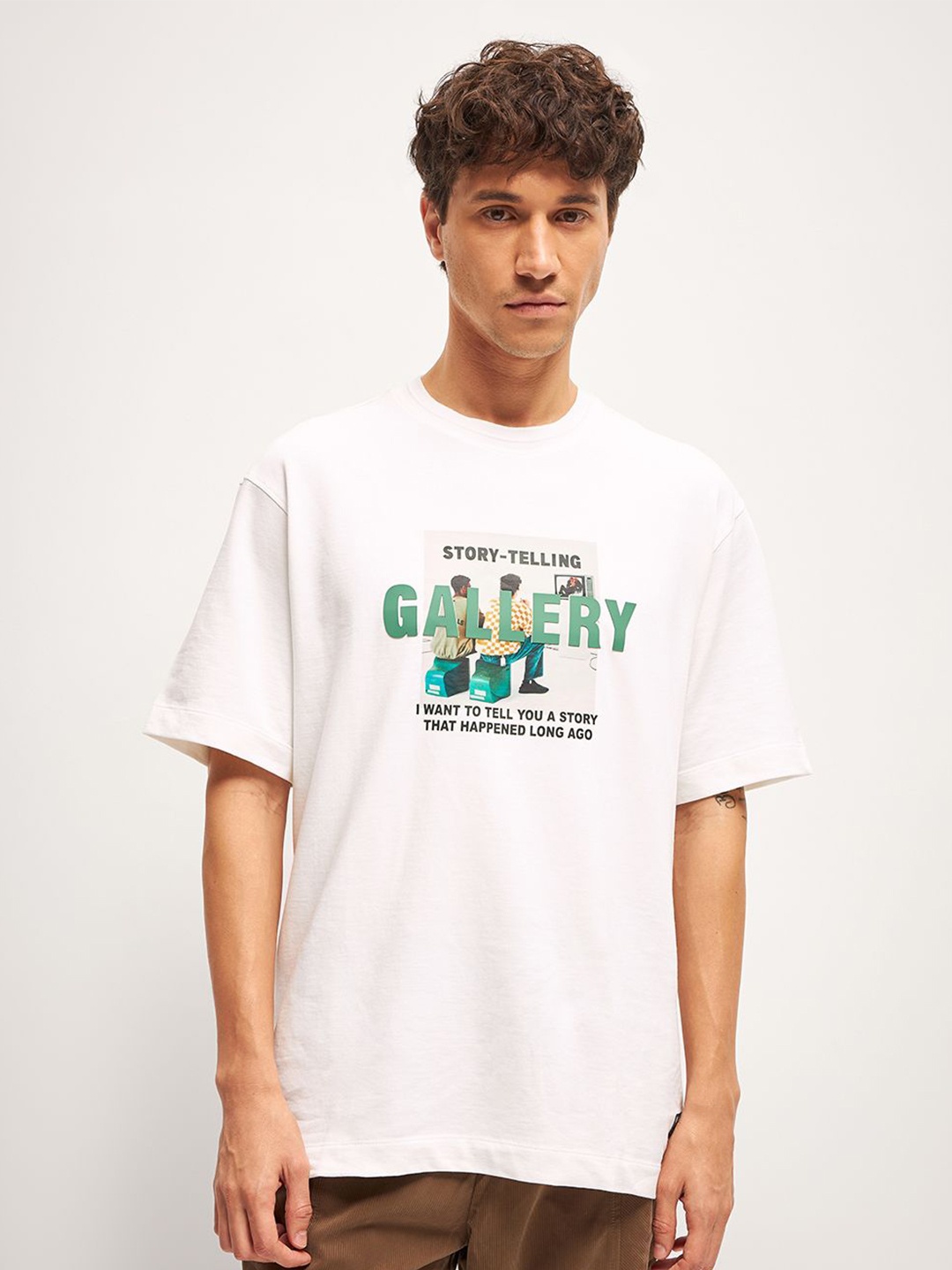 

THE BEAR HOUSE Men Typography Printed Round Neck Cotton Oversized T-Shirt, White