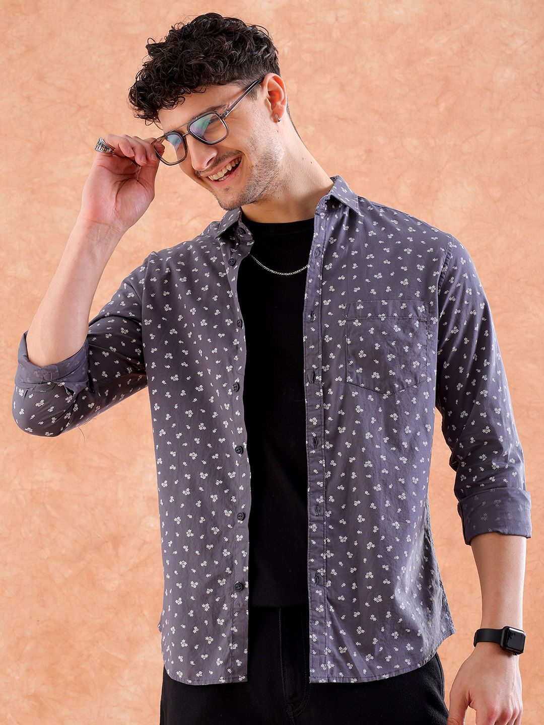 

Hardsoda by The Indian Garage Co Men Spread Collar Floral Printed Cotton Casual Shirt, Grey melange