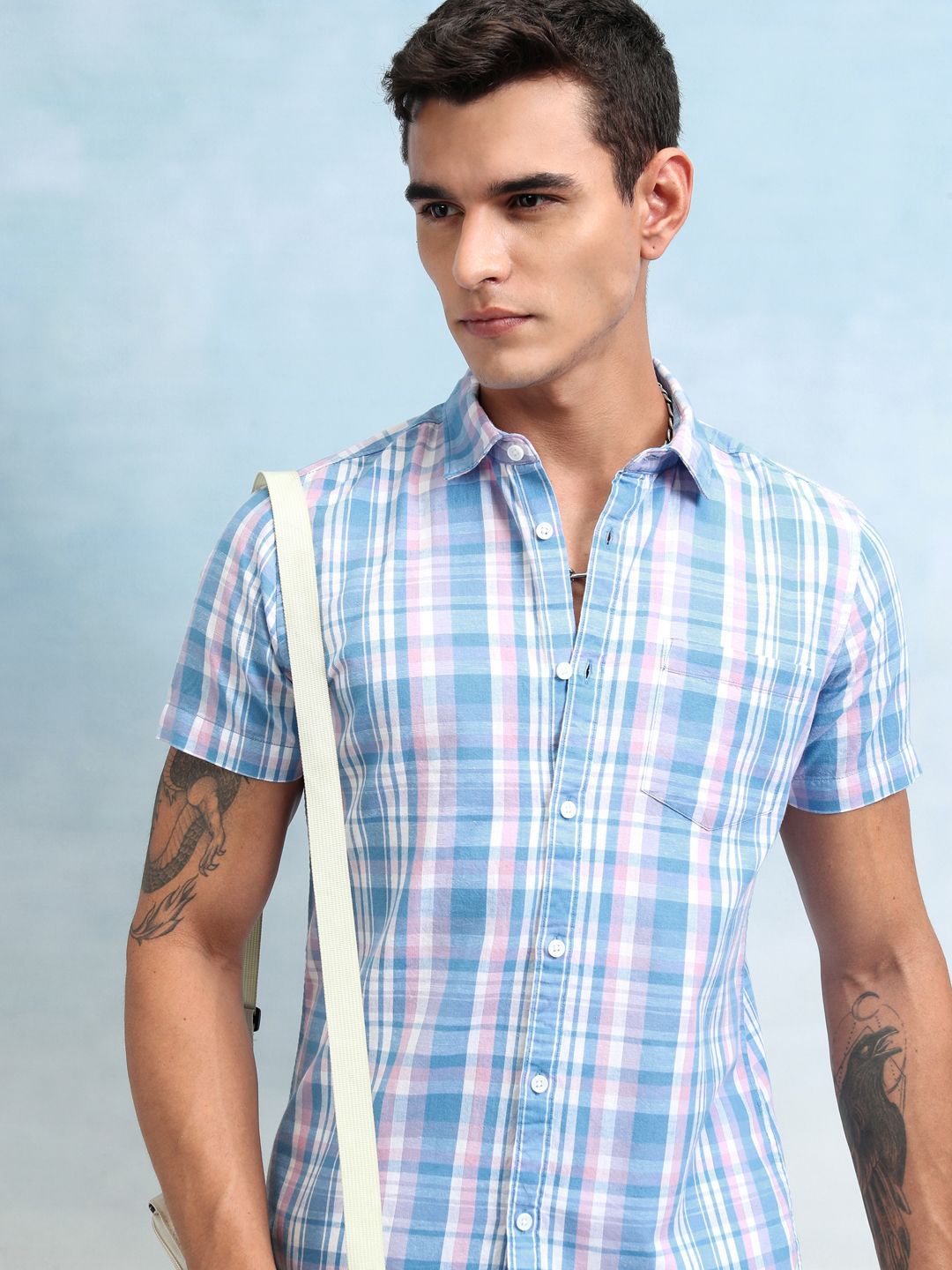 

Highlander Men Cotton Linen Checked Casual Shirt, Blue