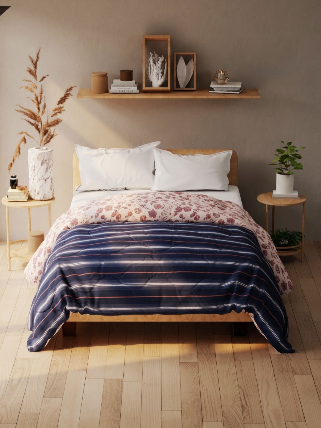 

KOPA Navy Blue & Peach Striped 120 GSM Microfiber AC Room Double Bed Comforter