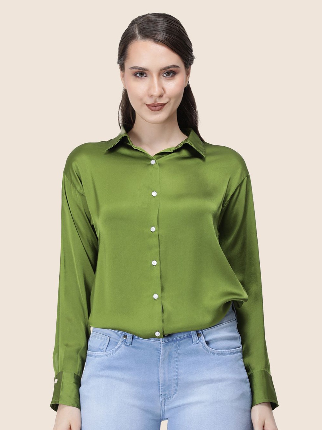 

AMSWAN Women Premium Spread Collar Solid Relaxed Fit Casual Shirt, Olive