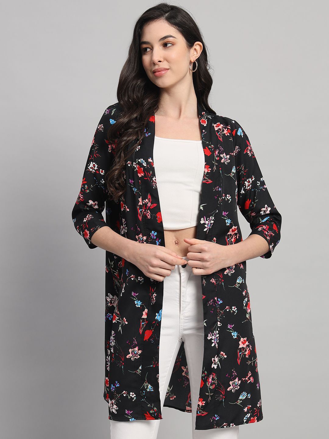 

Curvydrobe Floral Printed Longline Open Front Shrug, Black