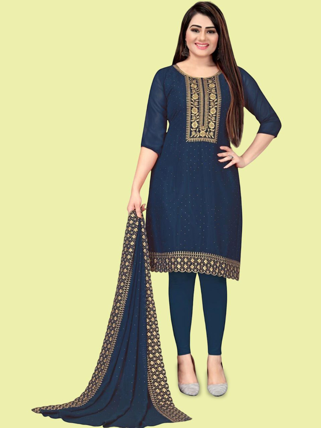 

APNISHA Floral Embroidered Silk Georgette Unstitched Dress Material, Tan