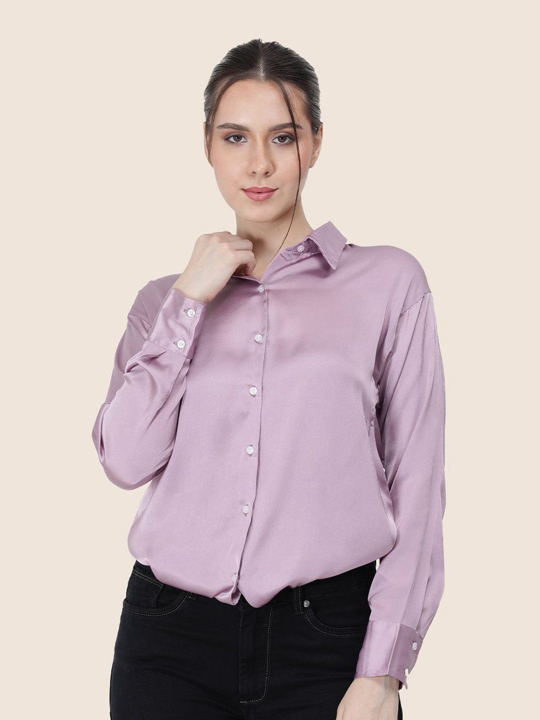 

AMSWAN Women Premium Spread Collar Solid Relaxed Fit Casual Shirt, Purple