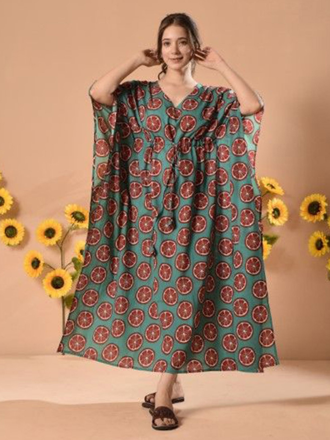 

DIMPLE DESIGN STUDIO Printed Pure Cotton Kimono Sleeves Kaftan Maxi Dress, Teal