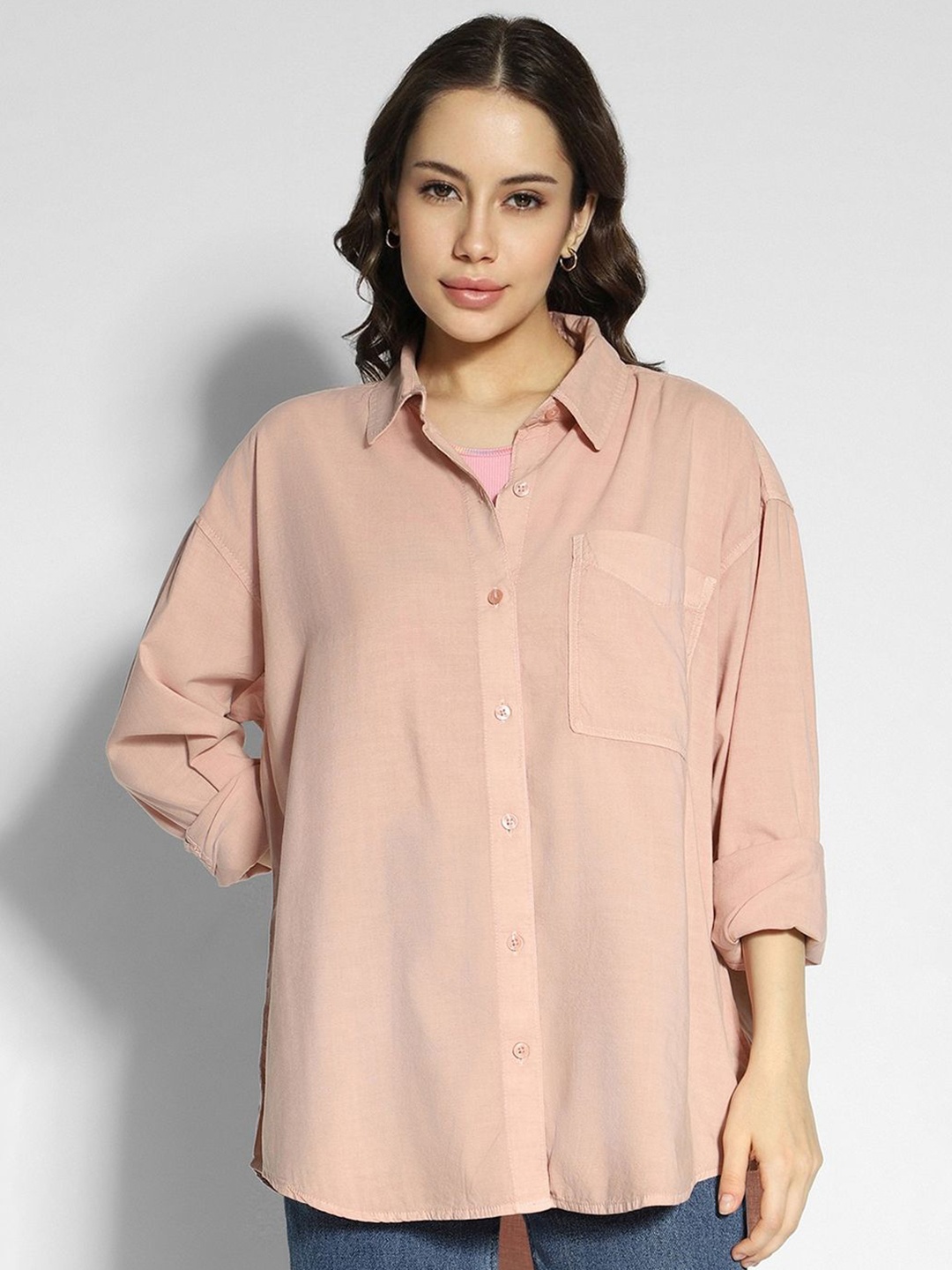 

AMERICAN EAGLE OUTFITTERS Women Spread Collar Solid Cotton Oversized Casual Shirt, Pink