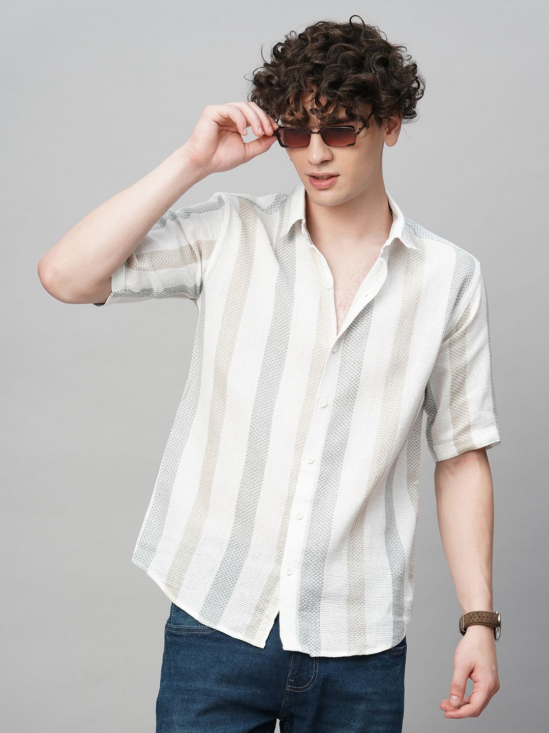 

TRYBUY.IN Men Comfort Spread Collar Striped Cotton Party Shirt, White