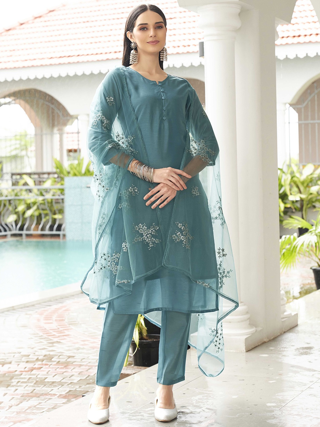 

Tikhi Imli Round Neck Straight Kurta with Trousers & Dupatta, Blue