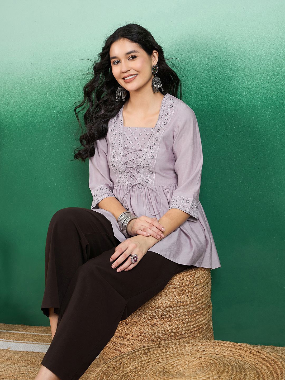 

Sangria Embroidered Pleated Longline Top, Purple