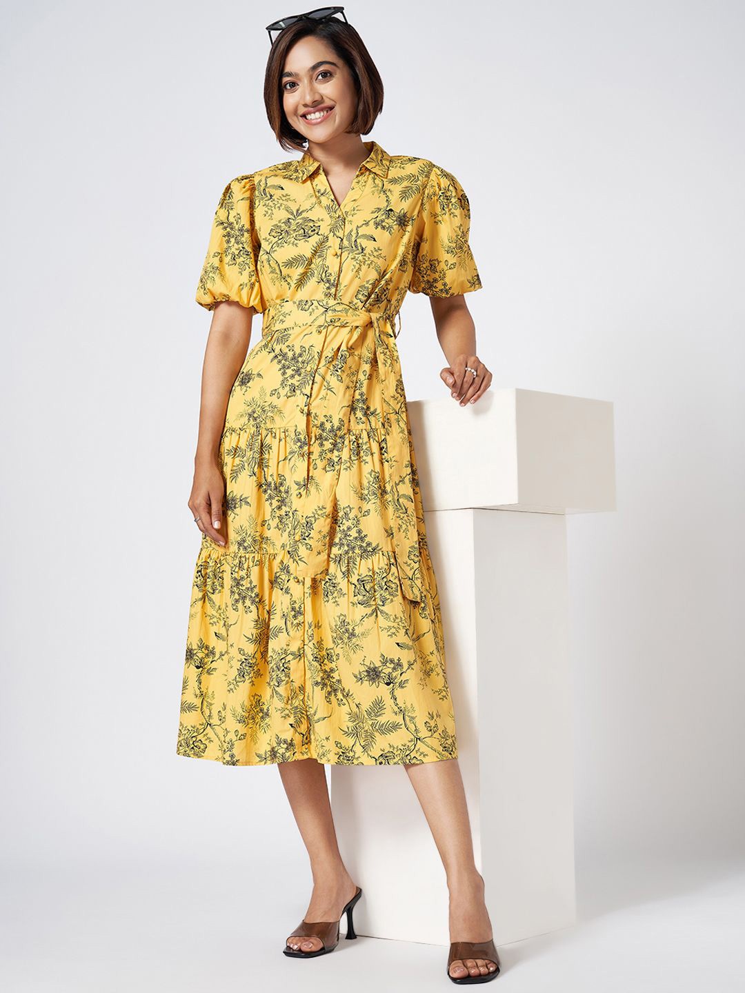 

Honey by Pantaloons Floral Print Shirt Midi Dress, Yellow