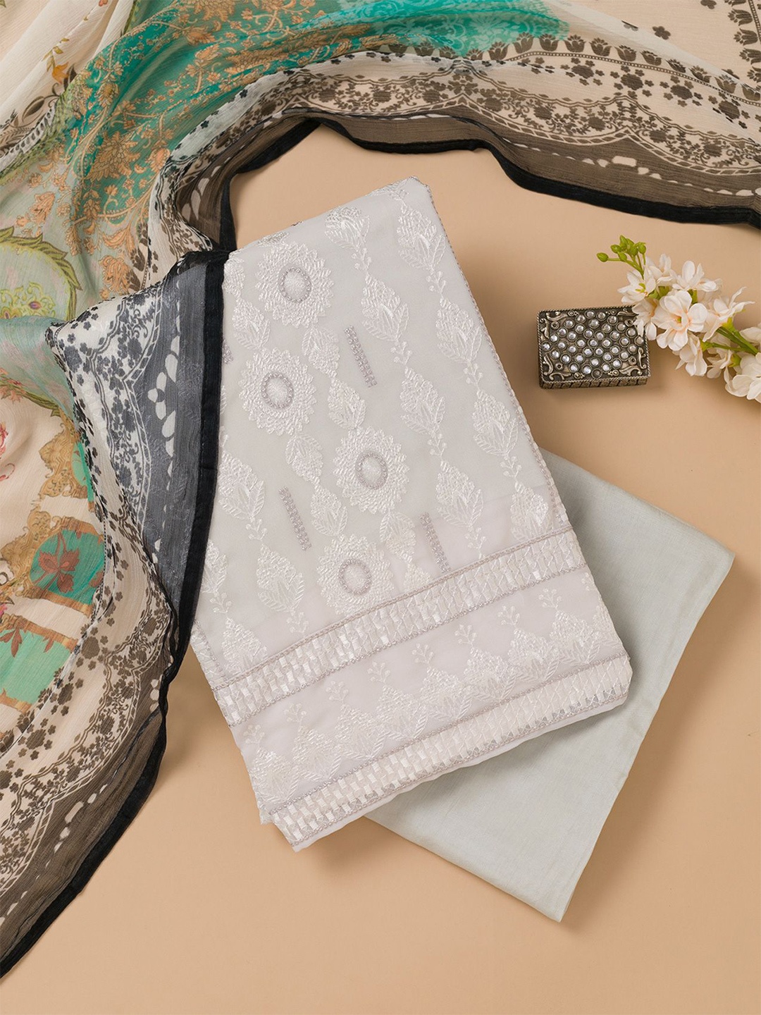

Koskii Floral Embroidered Thread Work Unstitched Dress Material, Grey