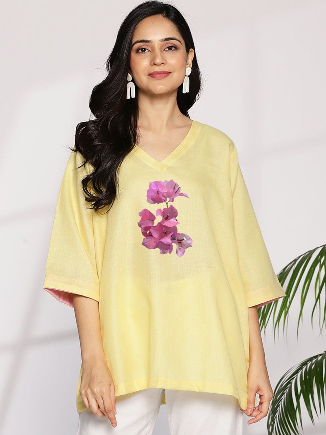 

LetsDressUp Women Floral Printed V-Neck Pure Cotton Top, Yellow