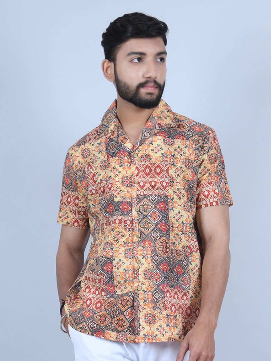 

Tistabene Men Standard Cuban Collar Ethnic Motifs Printed Cotton Casual Shirt, Yellow