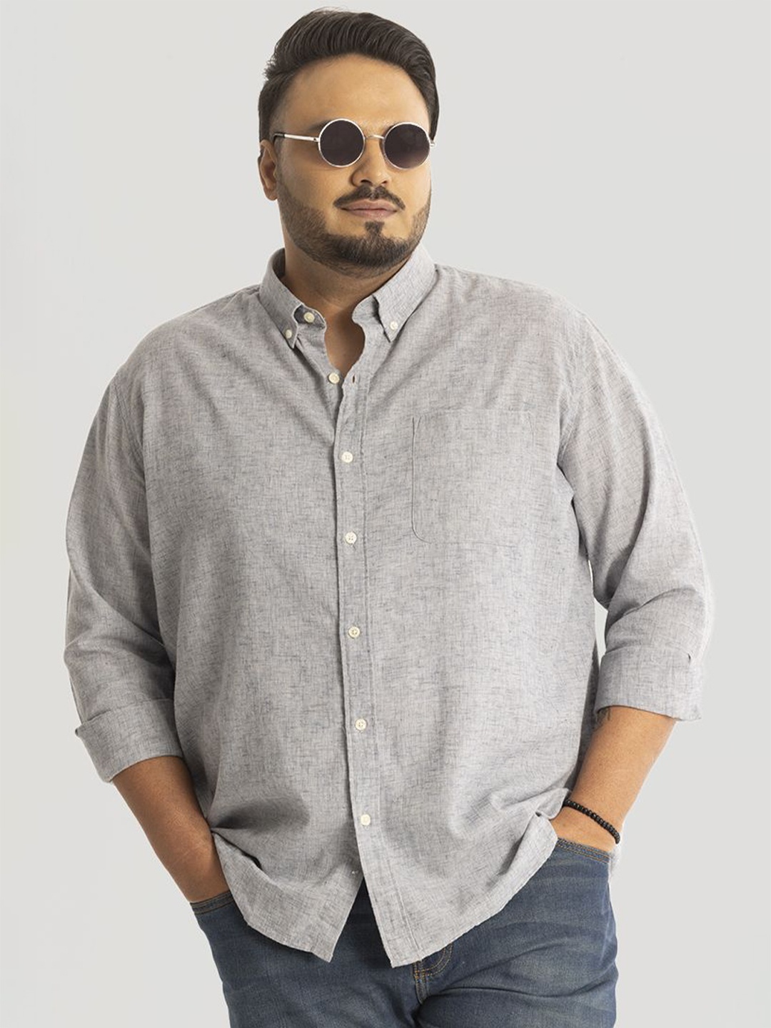 

Snitch Men Plus Size Classic Button-Down Collar Textured Solid Linen Casual Shirt, Grey