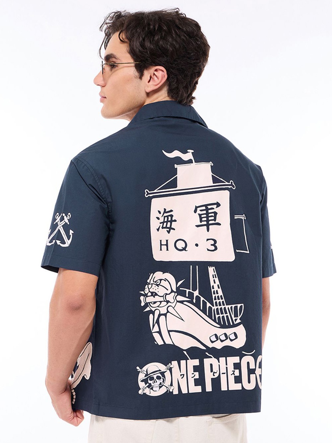 

Bewakoof Men One Piece Graphic Printed Oversized Shirt, Navy blue