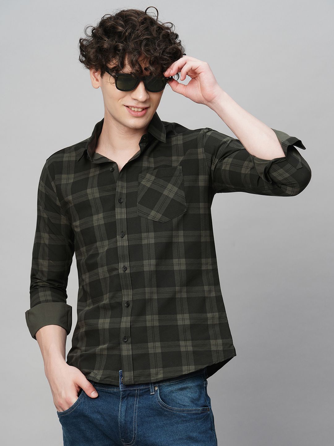 

TRYBUY.IN Men Comfort Spread Collar Tartan Checked Cotton Party Shirt, Olive