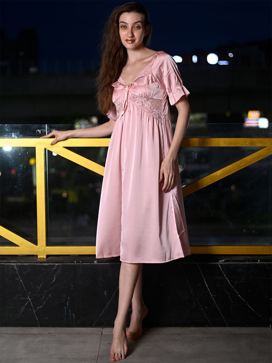 

ODETTE Puff Sleeve Lace Work Satin Nightdress, Pink