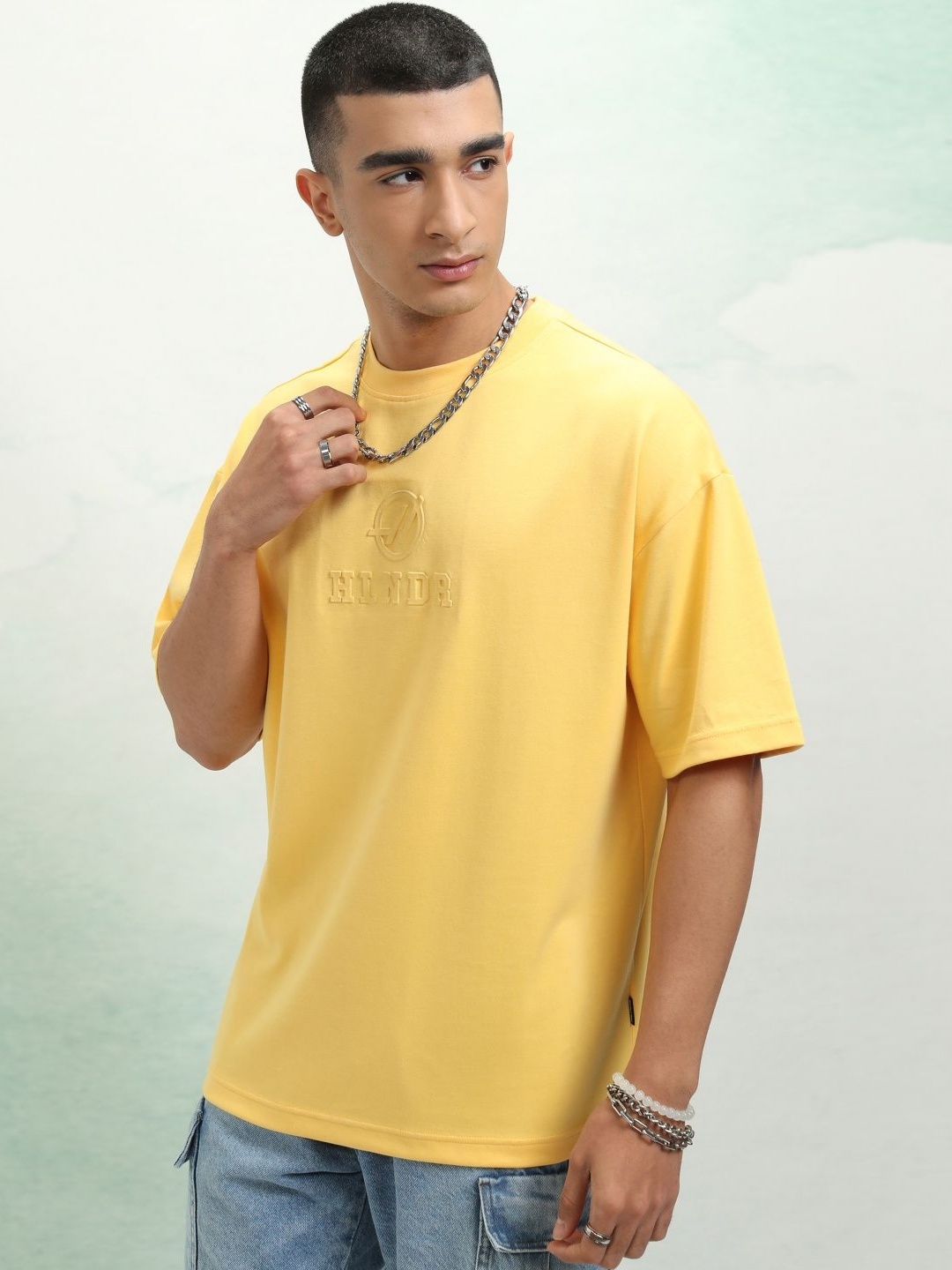 

HIGHLANDER Men Brand Logo Printed Round Neck Cotton Oversized T-Shirt, Yellow