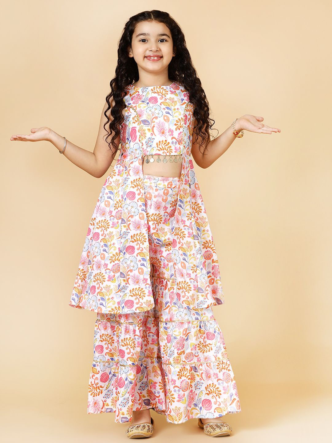 

A.T.U.N. Girls Floral Printed Tier Sharara Set, Peach