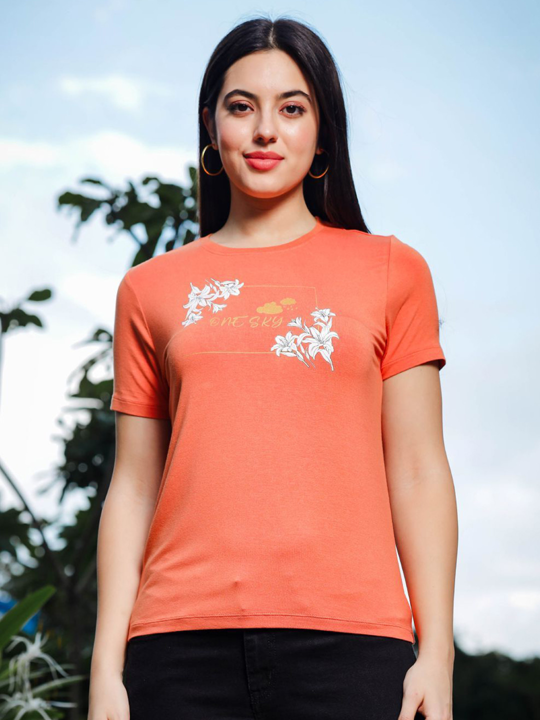 

One Sky Women Floral Printed Round Neck Viscose T-Shirt, Orange