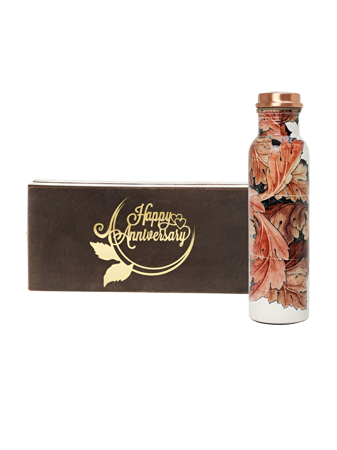 

INTERNATIONAL GIFT Peach & Orange Floral Printed Copper Water Bottle 1 L & Best Wishes Tag, Brown